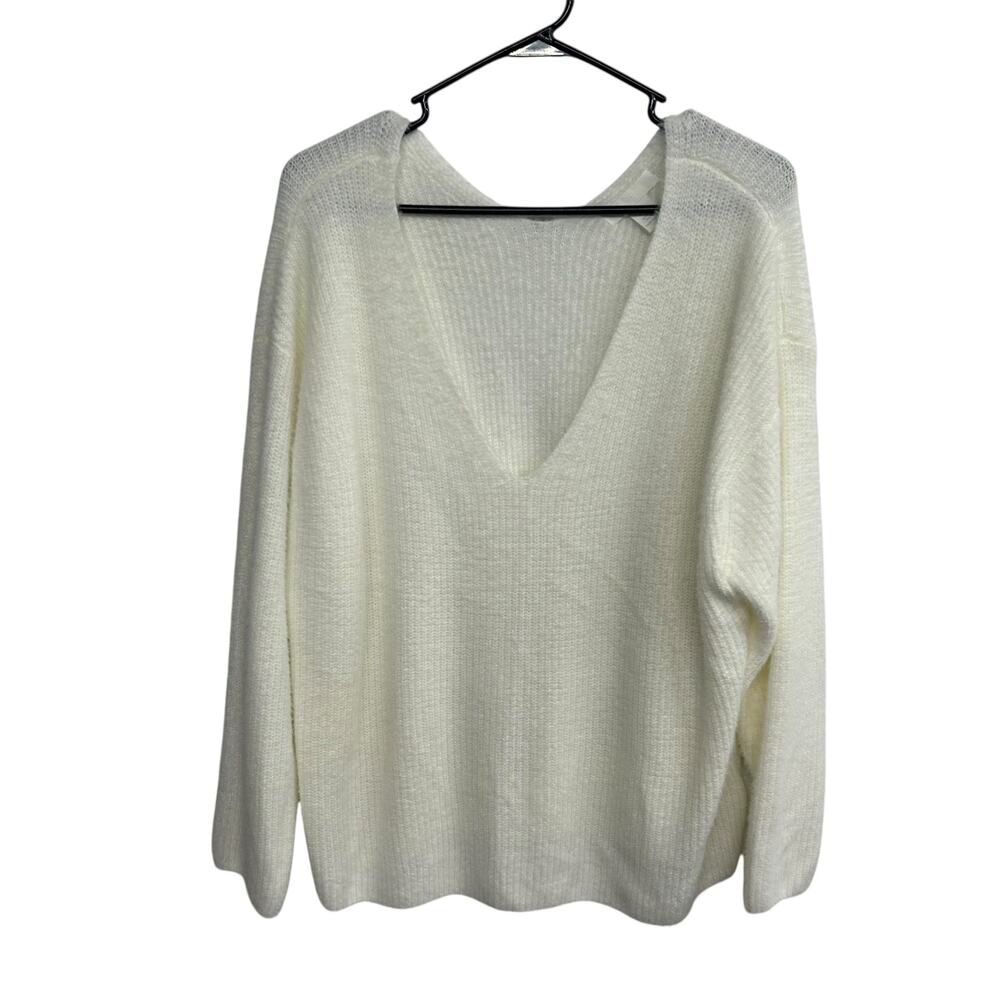 Fuzzy Knit Sweater Ivory XL V Neck Long Sleeve Cozy‎ Minimalist Neutral Capsule